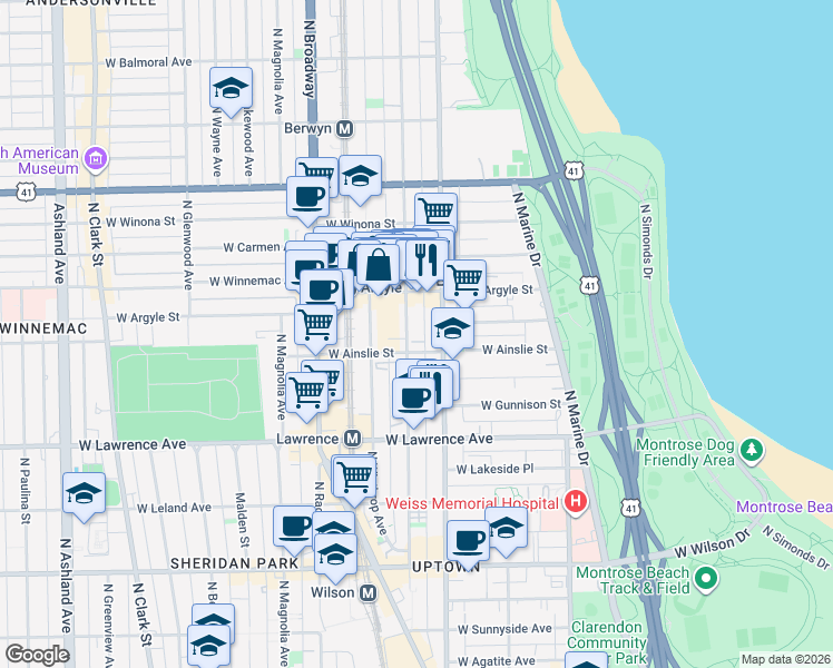 map of restaurants, bars, coffee shops, grocery stores, and more near 1111 West Ainslie Street in Chicago