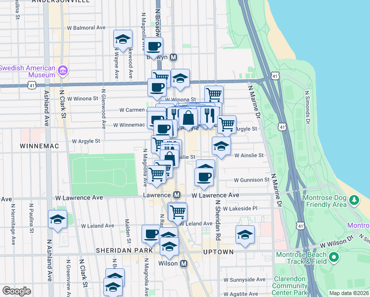 map of restaurants, bars, coffee shops, grocery stores, and more near 4879G West Ainslie Street in Chicago