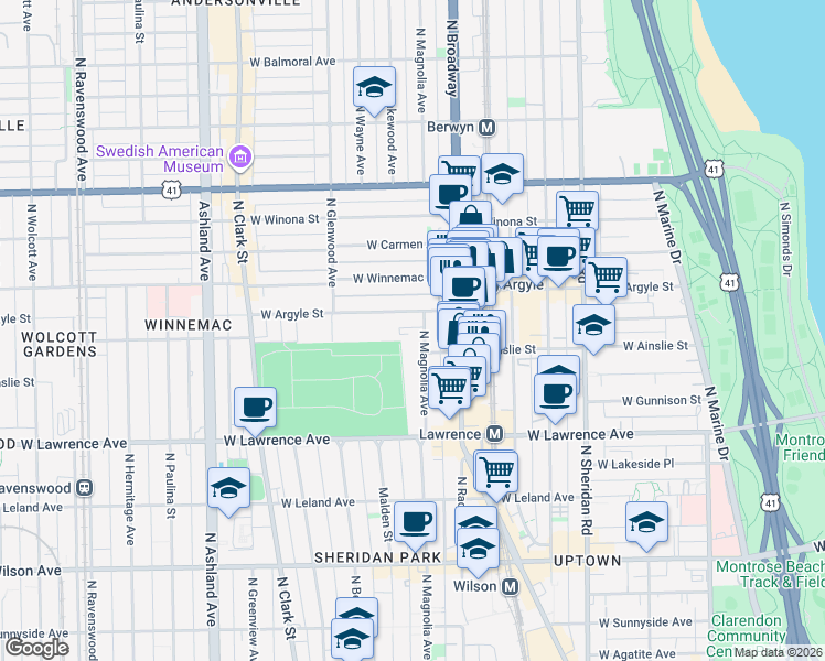 map of restaurants, bars, coffee shops, grocery stores, and more near 4886 North Magnolia Avenue in Chicago