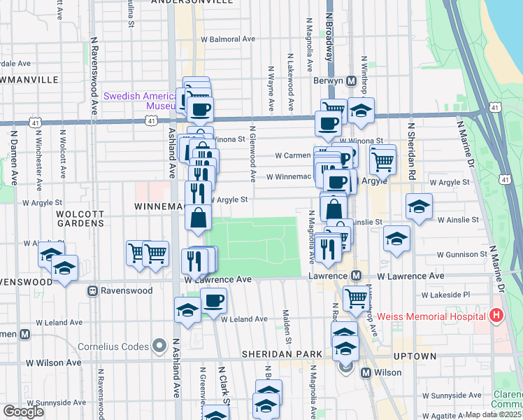 map of restaurants, bars, coffee shops, grocery stores, and more near 4901 North Glenwood Avenue in Chicago