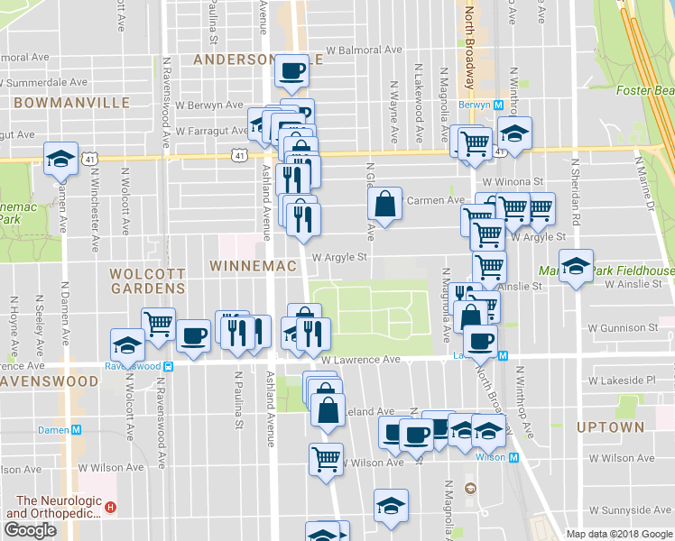 map of restaurants, bars, coffee shops, grocery stores, and more near 4903 North Janssen Avenue in Chicago