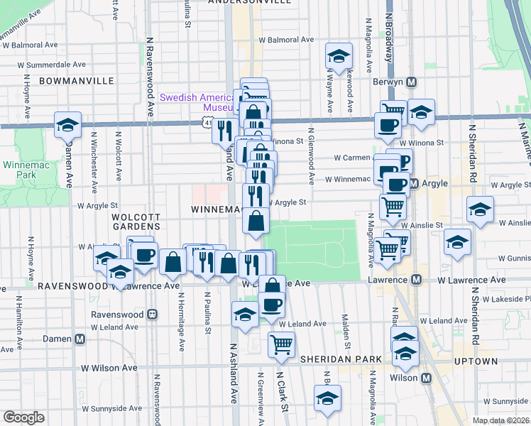 map of restaurants, bars, coffee shops, grocery stores, and more near 4879 North Clark Street in Chicago
