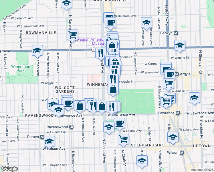 map of restaurants, bars, coffee shops, grocery stores, and more near 4889 North Ashland Avenue in Chicago