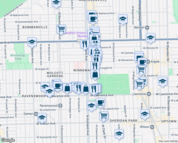 map of restaurants, bars, coffee shops, grocery stores, and more near 4889 North Ashland Avenue in Chicago