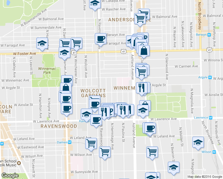 map of restaurants, bars, coffee shops, grocery stores, and more near 4891 North Hermitage Avenue in Chicago