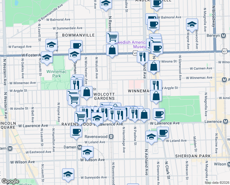 map of restaurants, bars, coffee shops, grocery stores, and more near 1763 West Ainslie Street in Chicago