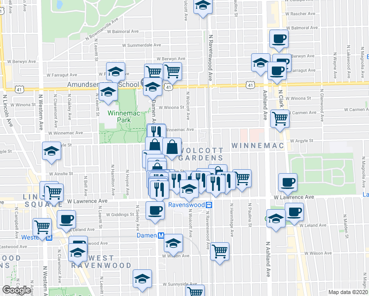 map of restaurants, bars, coffee shops, grocery stores, and more near 4926 North Wolcott Avenue in Chicago