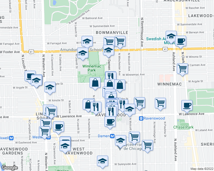 map of restaurants, bars, coffee shops, grocery stores, and more near 4928 North Damen Avenue in Chicago