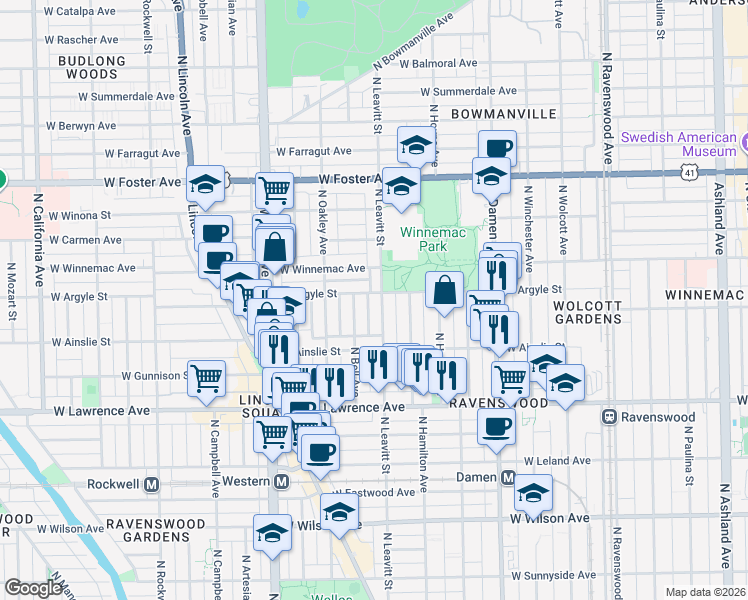 map of restaurants, bars, coffee shops, grocery stores, and more near 4931 North Leavitt Street in Chicago