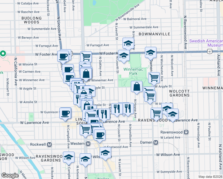 map of restaurants, bars, coffee shops, grocery stores, and more near 4932 North Bell Avenue in Chicago