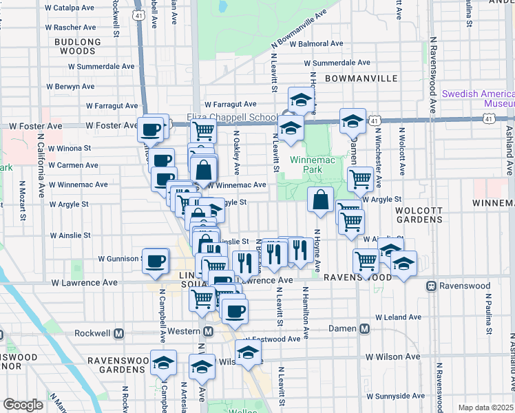 map of restaurants, bars, coffee shops, grocery stores, and more near 4932 North Bell Avenue in Chicago
