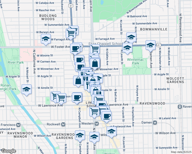 map of restaurants, bars, coffee shops, grocery stores, and more near 4935 North Western Avenue in Chicago