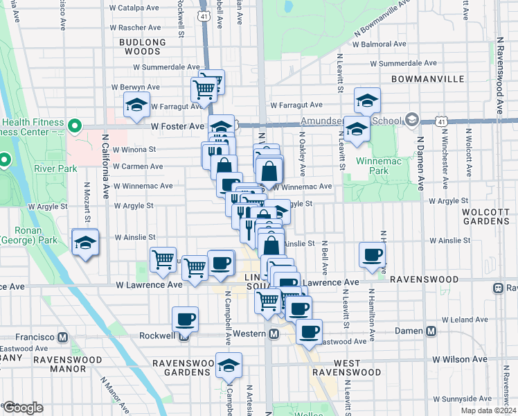 map of restaurants, bars, coffee shops, grocery stores, and more near 4923 North Lincoln Avenue in Chicago