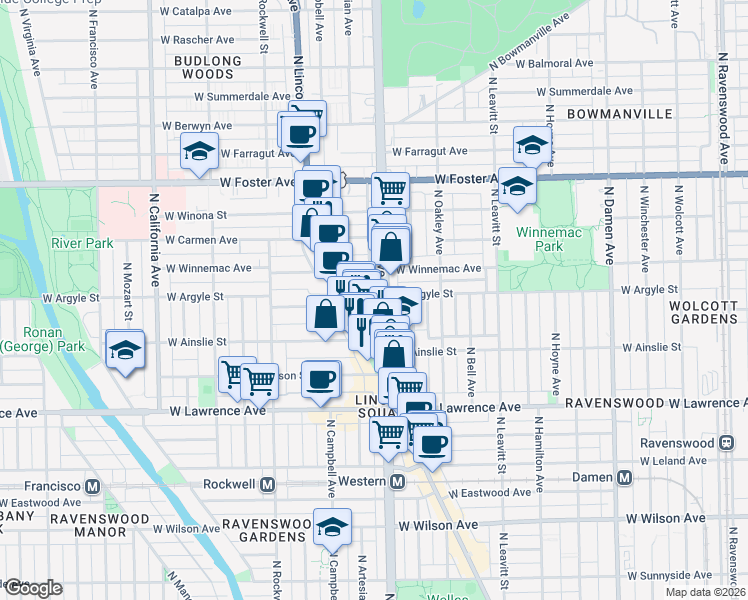 map of restaurants, bars, coffee shops, grocery stores, and more near 4923 North Lincoln Avenue in Chicago