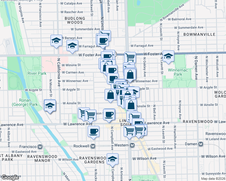 map of restaurants, bars, coffee shops, grocery stores, and more near 2517 West Argyle Street in Chicago