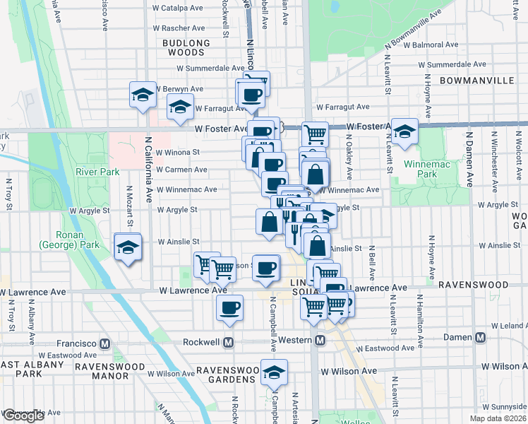 map of restaurants, bars, coffee shops, grocery stores, and more near 2517 West Argyle Street in Chicago