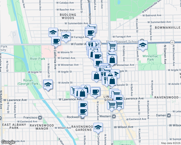 map of restaurants, bars, coffee shops, grocery stores, and more near 2563 West Argyle Street in Chicago