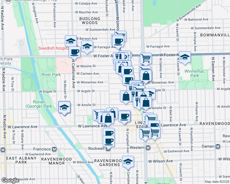 map of restaurants, bars, coffee shops, grocery stores, and more near 2563 West Argyle Street in Chicago