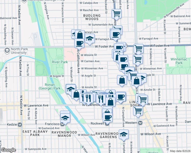 map of restaurants, bars, coffee shops, grocery stores, and more near 4925 North Washtenaw Avenue in Chicago