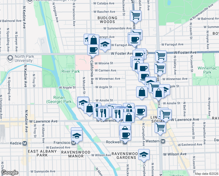 map of restaurants, bars, coffee shops, grocery stores, and more near 4925 North Washtenaw Avenue in Chicago
