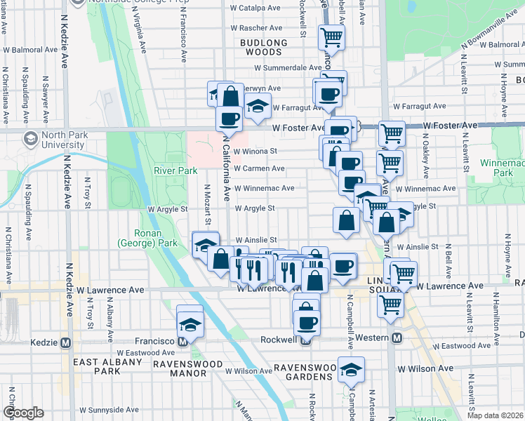 map of restaurants, bars, coffee shops, grocery stores, and more near 4925 North Washtenaw Avenue in Chicago