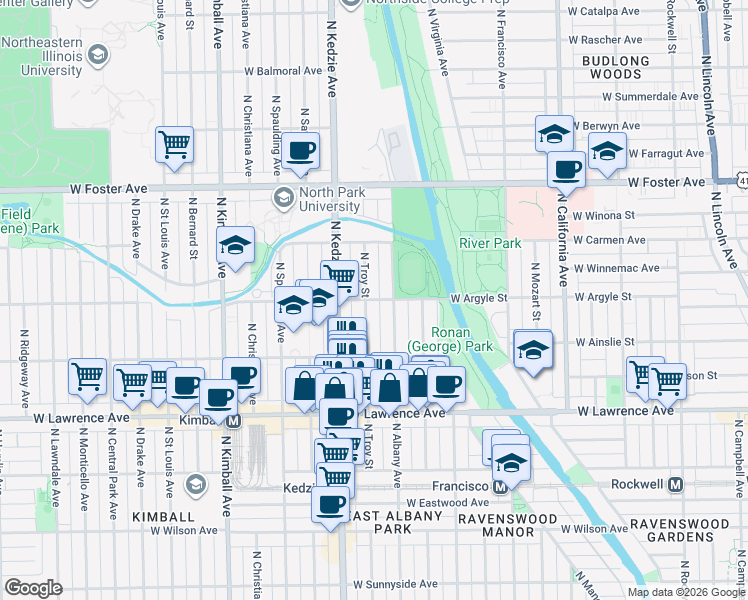 map of restaurants, bars, coffee shops, grocery stores, and more near 4940 North Albany Avenue in Chicago