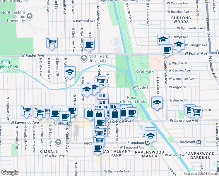 map of restaurants, bars, coffee shops, grocery stores, and more near 4940 North Albany Avenue in Chicago