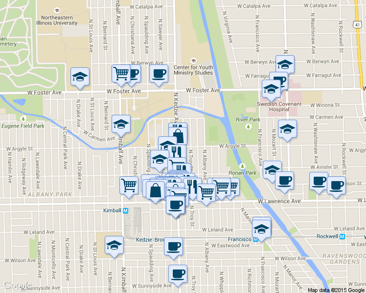 map of restaurants, bars, coffee shops, grocery stores, and more near 4941 North Kedzie Avenue in Chicago