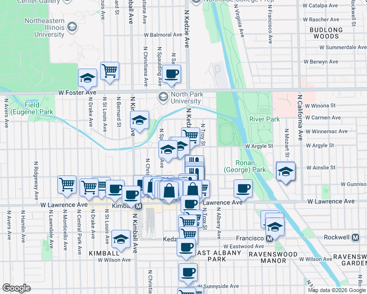 map of restaurants, bars, coffee shops, grocery stores, and more near 4929 North Sawyer Avenue in Chicago