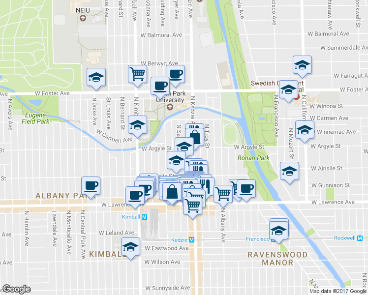 map of restaurants, bars, coffee shops, grocery stores, and more near 4951 North Sawyer Avenue in Chicago