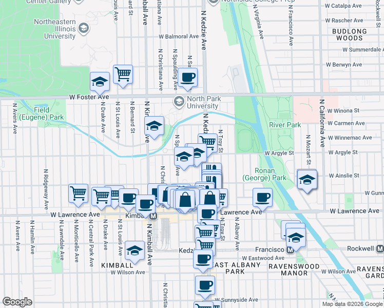 map of restaurants, bars, coffee shops, grocery stores, and more near 4929 North Sawyer Avenue in Chicago