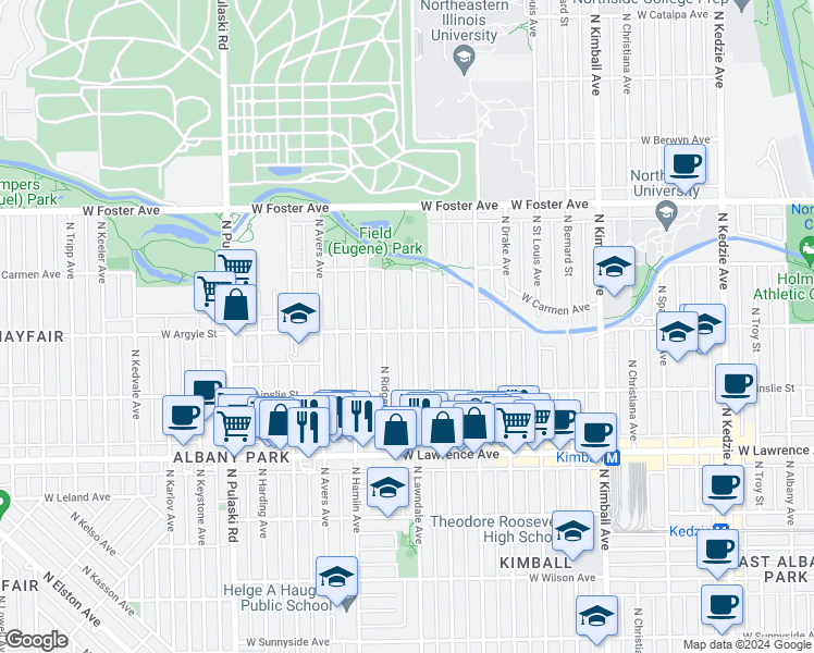 map of restaurants, bars, coffee shops, grocery stores, and more near 4949 North Ridgeway Avenue in Chicago