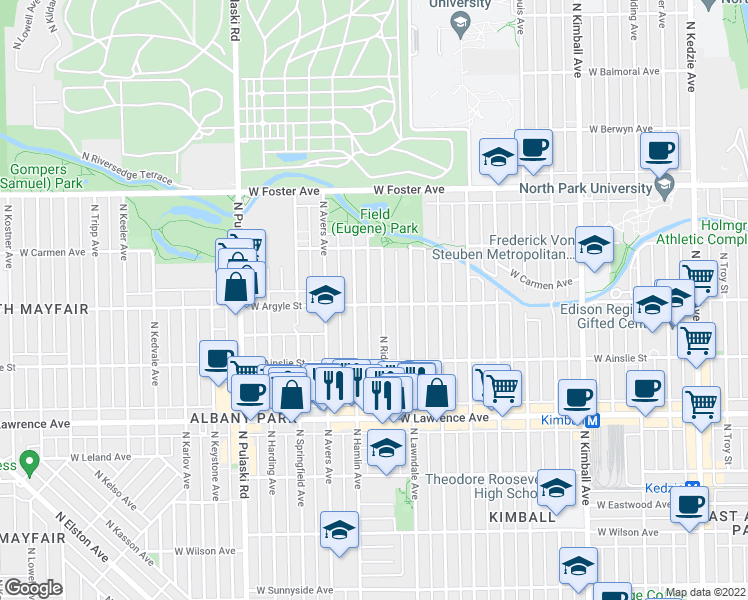 map of restaurants, bars, coffee shops, grocery stores, and more near 4947 North Hamlin Avenue in Chicago