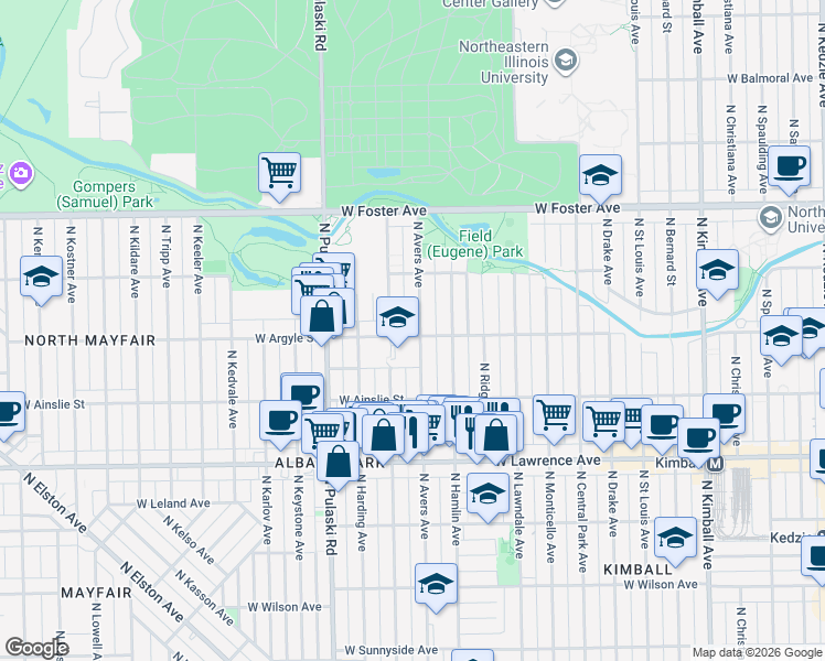 map of restaurants, bars, coffee shops, grocery stores, and more near 4947 North Avers Avenue in Chicago