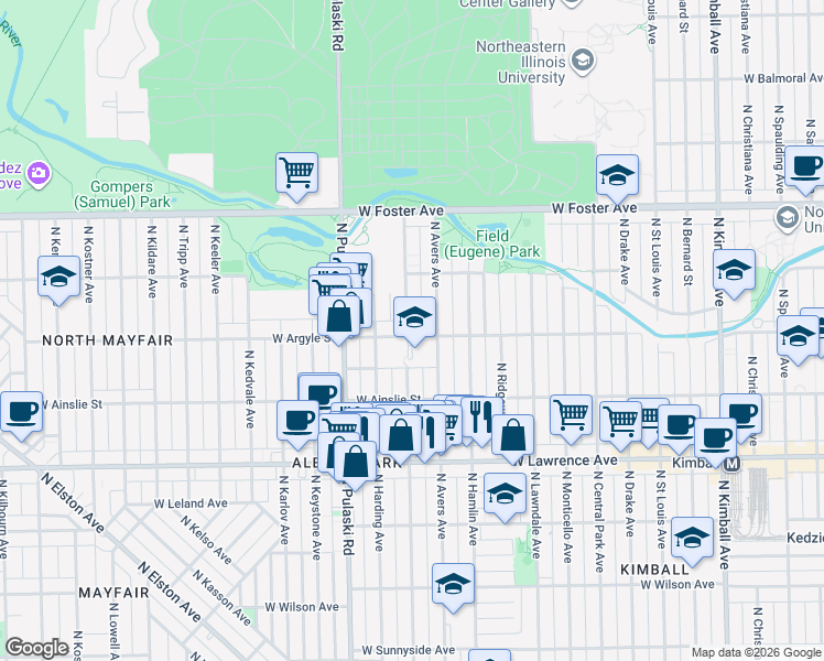 map of restaurants, bars, coffee shops, grocery stores, and more near 4930 North Springfield Avenue in Chicago