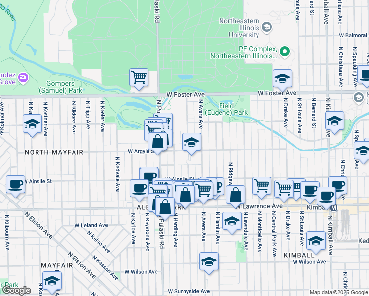 map of restaurants, bars, coffee shops, grocery stores, and more near 4930 North Springfield Avenue in Chicago