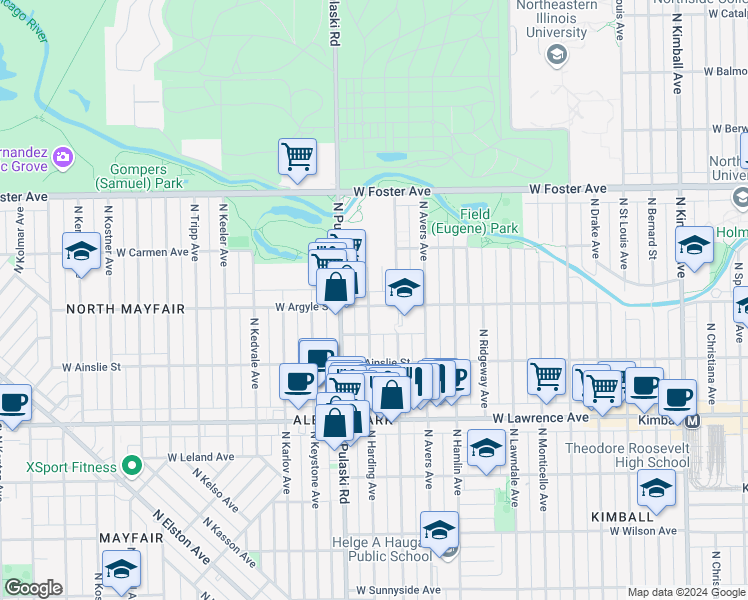 map of restaurants, bars, coffee shops, grocery stores, and more near 4930 North Springfield Avenue in Chicago