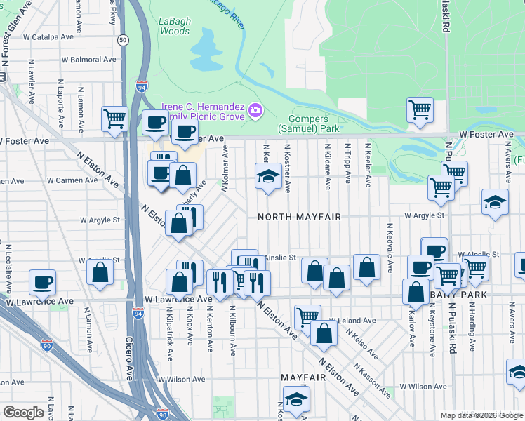 map of restaurants, bars, coffee shops, grocery stores, and more near 4950 North Kenneth Avenue in Chicago