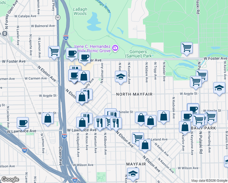 map of restaurants, bars, coffee shops, grocery stores, and more near 4950 North Kenneth Avenue in Chicago