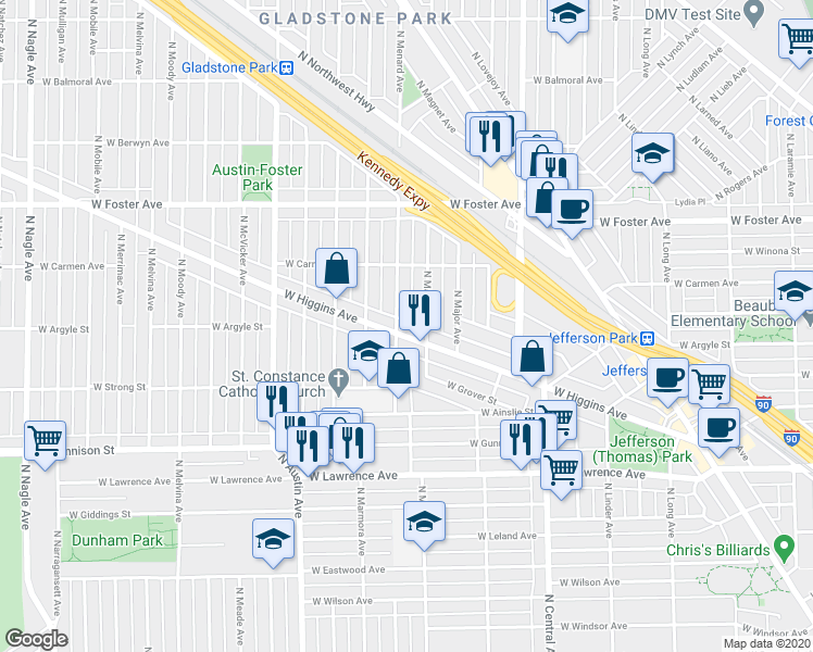 map of restaurants, bars, coffee shops, grocery stores, and more near 5747 West Higgins Avenue in Chicago