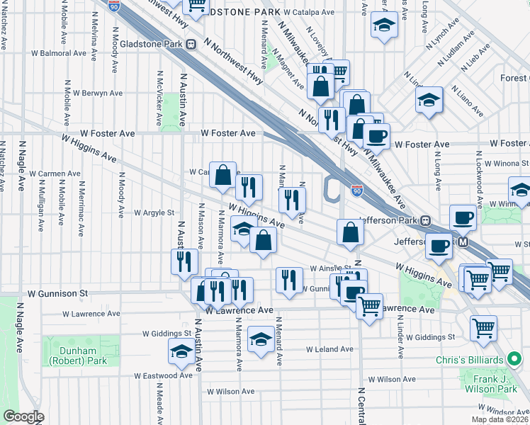 map of restaurants, bars, coffee shops, grocery stores, and more near 5747 West Higgins Avenue in Chicago