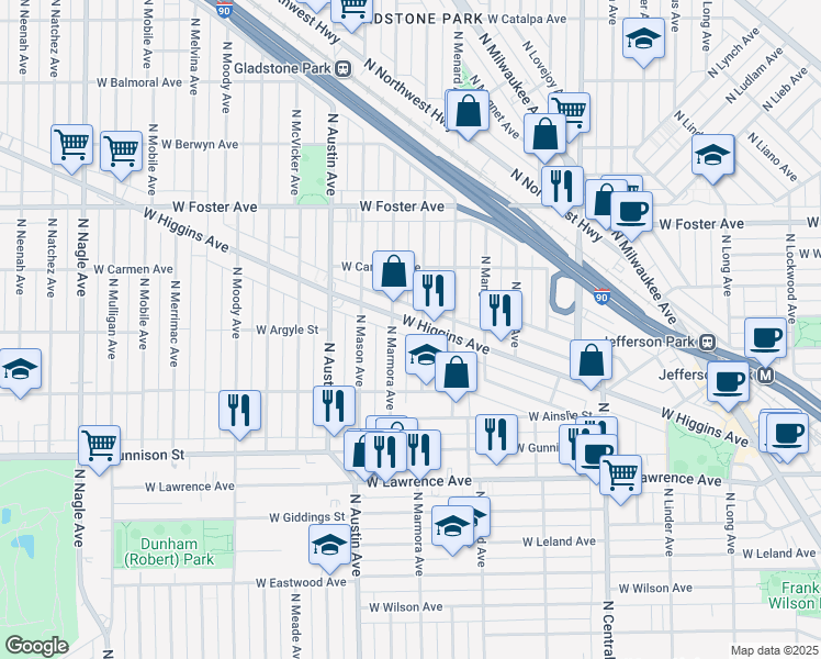 map of restaurants, bars, coffee shops, grocery stores, and more near 4943 North Marmora Avenue in Chicago