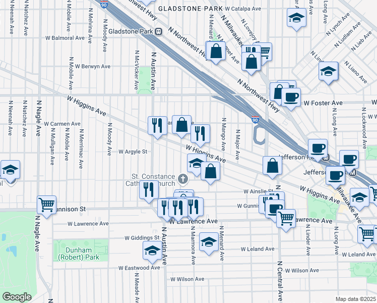 map of restaurants, bars, coffee shops, grocery stores, and more near 4943 North Marmora Avenue in Chicago
