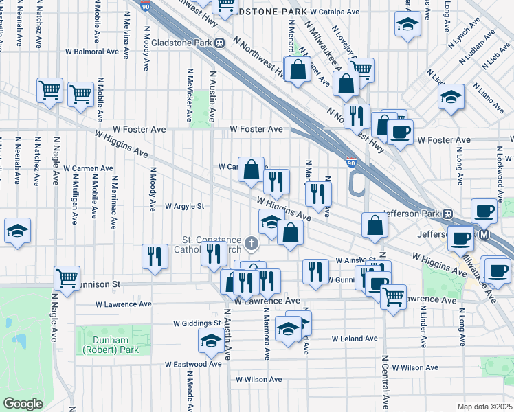 map of restaurants, bars, coffee shops, grocery stores, and more near 4943 North Marmora Avenue in Chicago
