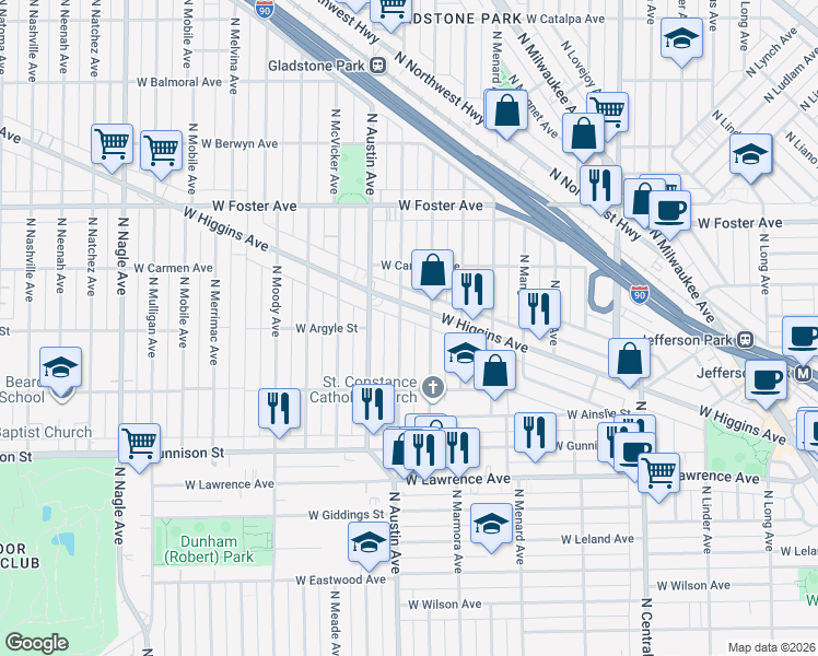 map of restaurants, bars, coffee shops, grocery stores, and more near 4939 North Mason Avenue in Chicago