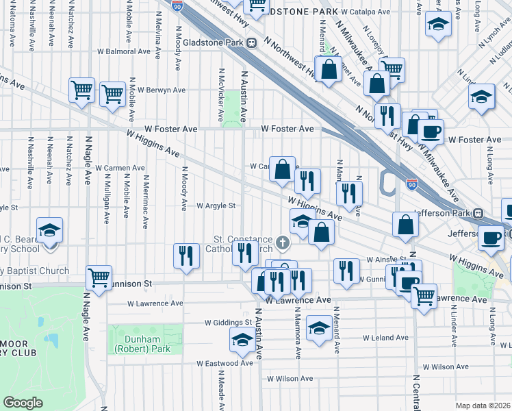 map of restaurants, bars, coffee shops, grocery stores, and more near 4939 North Mason Avenue in Chicago