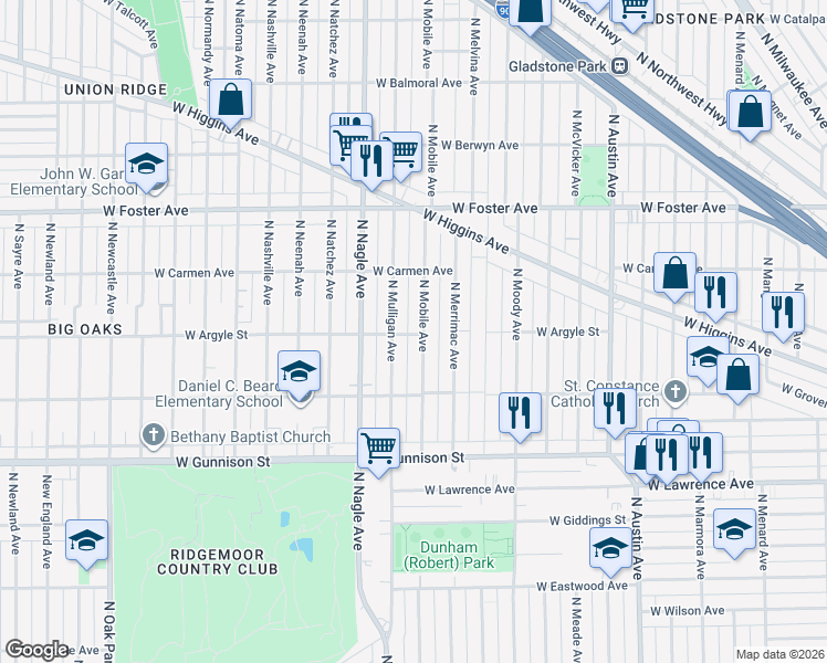 map of restaurants, bars, coffee shops, grocery stores, and more near 4940 North Mobile Avenue in Chicago