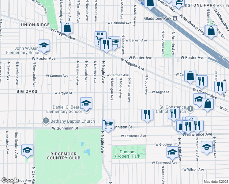 map of restaurants, bars, coffee shops, grocery stores, and more near 4940 North Mobile Avenue in Chicago