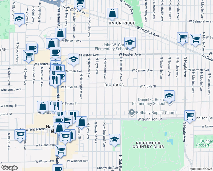 map of restaurants, bars, coffee shops, grocery stores, and more near 4947 North Newland Avenue in Chicago