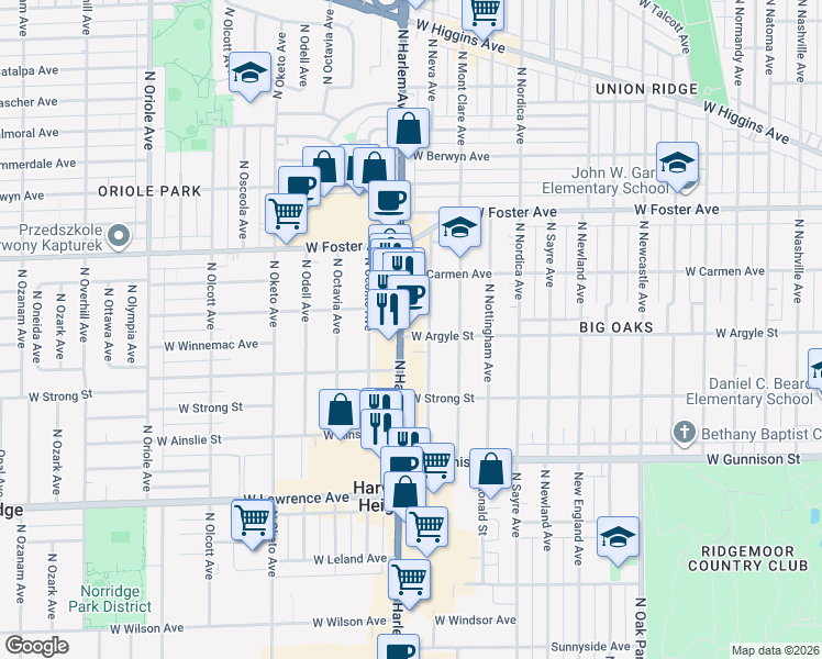 map of restaurants, bars, coffee shops, grocery stores, and more near 4951 Illinois 43 in Harwood Heights